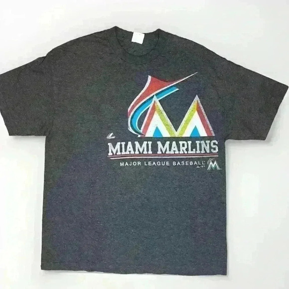 Majestic Miami Marlins T Shirt Mens XL Gray MLB Baseball Logo - Picture 1 of 5